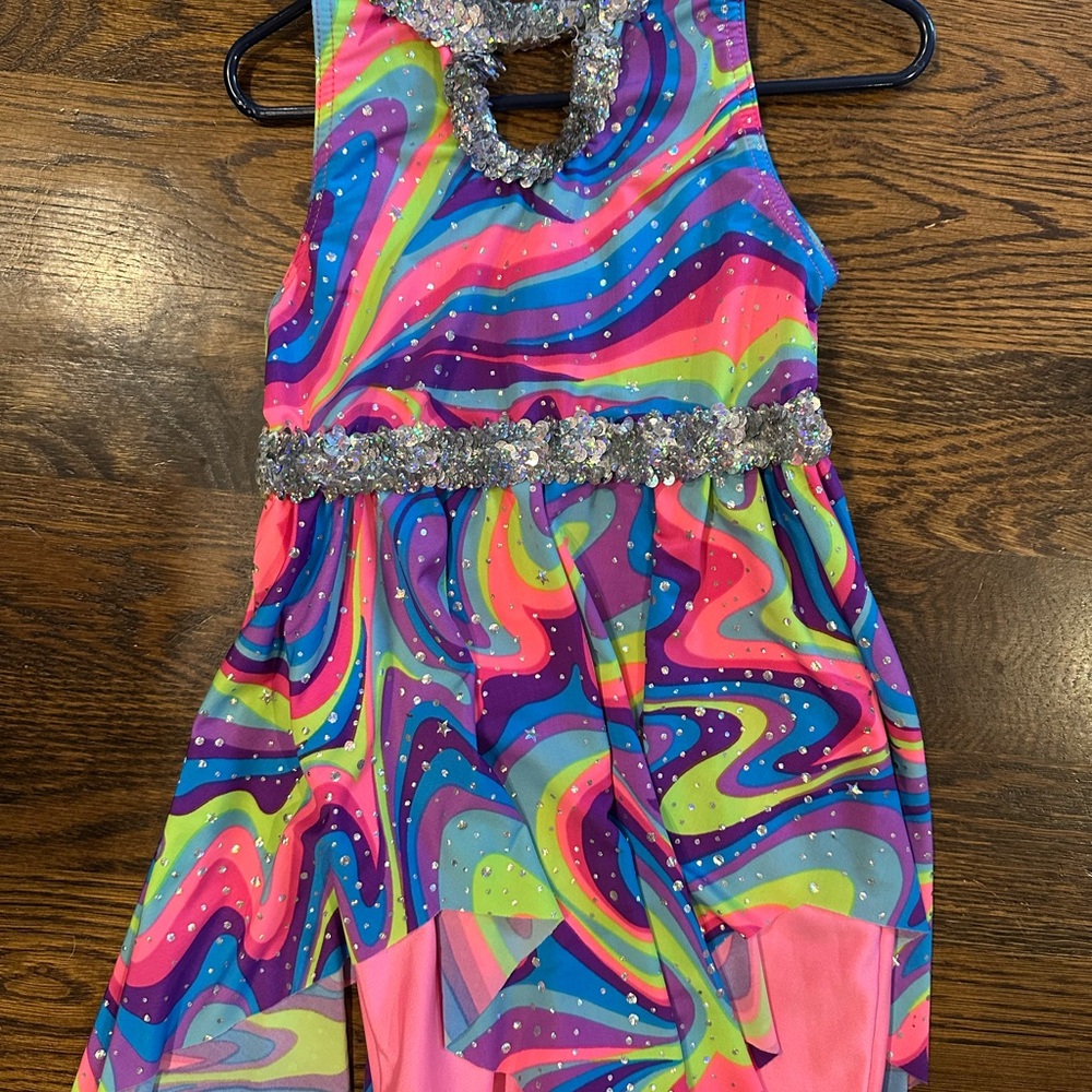 Colorful Neon Swirl Dress Costume with Silver Sequin Accents